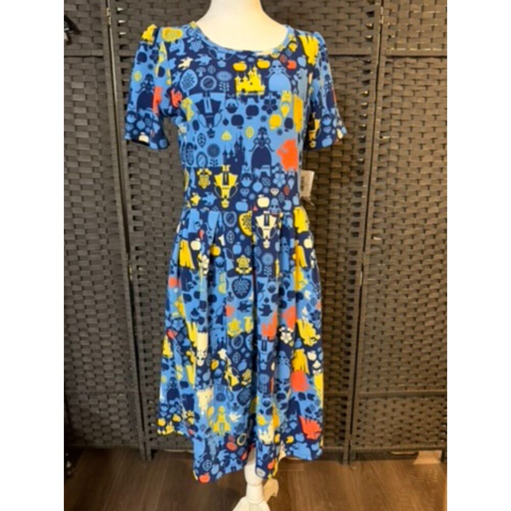 LuLaRoe Amelia Disney Princess Dress NWT Large Blue Castle Print Knee Length